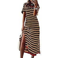 Dokotoo Summer Dress Casual Womens Fashion Short Sleeve Maxi Dress T Shirt Dress Striped Long Color Block Maxi Dress