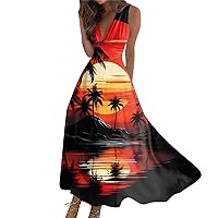 Vacation Dresses for Women Deep V Neck Floral Cute Long Dress Swing Casual Maxi Dresses Sleeveless Sexy Elegant Dress
