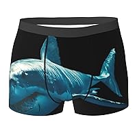 Men's Boxer Briefs, Blue Shark Print Covered Waistband Boxer Briefs, Stretch Moisture-Wicking Underwear