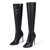 Elisabet Tang Women's Knee High Booties,4 inch Stiletto Heel Pointed Toe Wide Calf Boot Faux Leather Comfortable Combat Booties Shoes