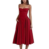Womens Corset Dress Elegant Spaghetti Strap Bustier Midi Dress Flowy Pleated Hem Low Cut Prom Dresses with Pockets