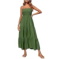 Summer Boho Dress for Women Spaghetti Strap Maxi Sundress Flowy Tiered Ruffle Beach Dress Solid Smocked Sundress