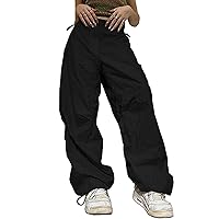 Parachute Pants for Women with Pocket Low Rise Adjustable Drawstring Baggy Hiking Pants Loose Trousers with Pockets