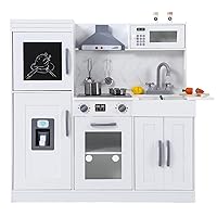 Kids Kitchen Playset, Wooden Chef Pretend Play Set with 20 PCS Cookware Accessories, Wooden Cookware Pretend with Ice Maker, Microwave, Oven, Range Hood, Sink, Real Lights & Sounds，White