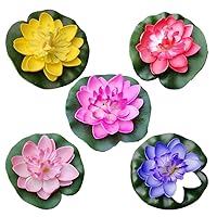 NOLITOY 5pcs Artificial Lotus Flowers with Water Lily Pads Leaves, Realistic Floating Foam Lotuses Fake Plants for Outdoor Pond Pool Patio Garden Indoor Home Decor Aquarium Decoration
