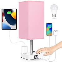 Bedside Lamp with USB Ports - Touch Control Table Lamp for Bedroom with USB C+A Charging Ports & AC Outlets, 3 Way Dimmable Nightstand Light with White Base for Living Room (LED Bulb Included, Pink)