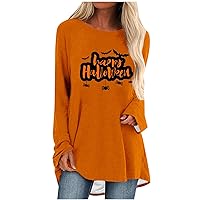 Women's Casual Tunic Tops to Wear with Leggings Long Sleeve Halloween Blouses Funny Letter Print Flowy Swing Shirts