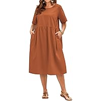 IN'VOLAND Plus Size Cotton Linen Dresses for Women Short Sleeve Summer Midi Dress with Pockets
