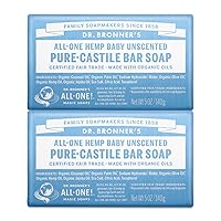 Pure-Castile Bar Soap (Baby Unscented, 5 ounce, 2-pack) - Made with Organic Oils, For Face, Body, Hair, Gentle for Sensitive Skin, Babies, No Added Fragrance, Biodegradable, Vegan
