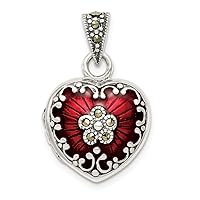 925 Sterling Silver Polished back Red Enamel and Marcasite Love Heart Photo Locket Pendant Necklace 5/8 Inch X 3/4 Inch Measures 25.85x16.75mm Wide Jewelry for Women