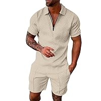 Striped Solid Mens Shirt and Shorts Fashion Lapel Quarter-Zip Soft T-Shirt Summer Stretch Comfortable Outfits