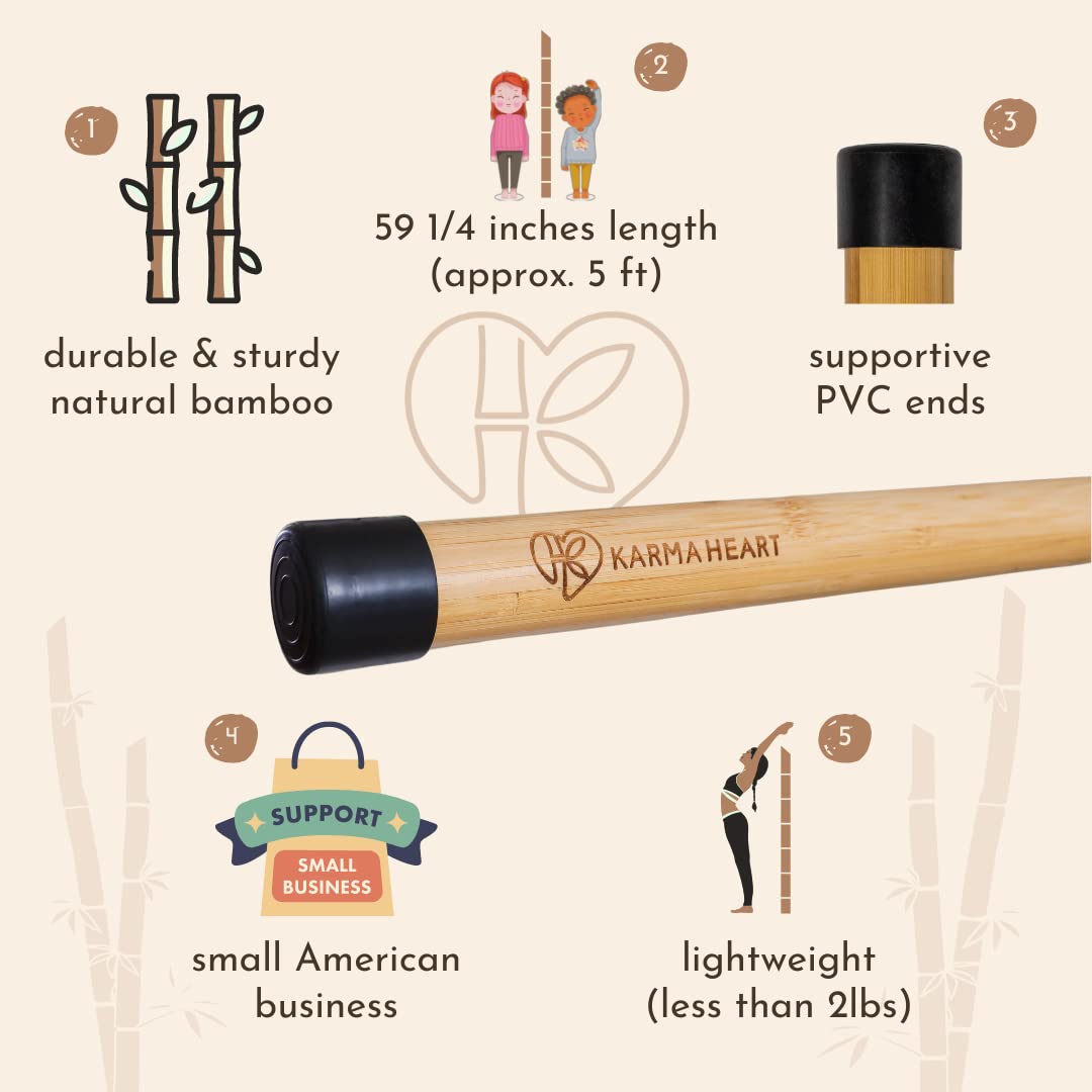 Karma Heart Yoga Stick Natural Bamboo 5ft Mobility Stick for Fitness and Physical Rehabilitation - Your Versatile Posture Stick, Stretch Stick, Exercise Stick and Durable Stretching Stick