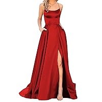Elegant Long Backless Prom Dress, Women's Satin Spaghetti Strap Evening Gown with Side Slit and Pockets
