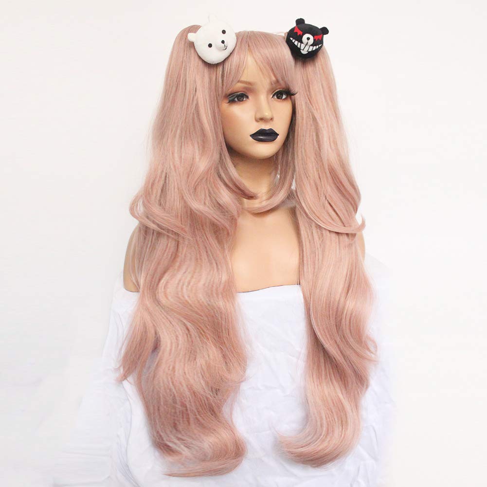 ANOGOL Hair Cap+ ( 2 Bears ) Light Pink Junko Enoshima Cosplay Wig Long Synthetic Wig For Girls Costume Party Halloween Christamas Wig With Hair Accessory