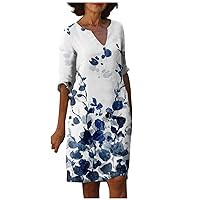Linen Cotton Dress for Women Summer 3/4 Sleeve Casual Indian Black Elegant Plus Size Boho Knee Length Kaftan Dresses
