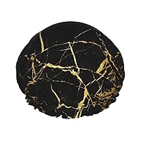 Black Gold Marble Print Soft Shower Cap for Women, Reusable Environmental Protection Hair Bath Caps