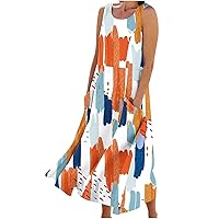 Linen Dresses for Women 2024 Casual Cotton Linen Dress Sleeveless Flowy Maxi Dress Beach Tank Dress with Pockets