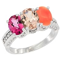 10K White Gold Natural Pink Topaz, Morganite & Coral Ring 3-Stone Oval 7x5 mm Diamond Accent, Sizes 5-10