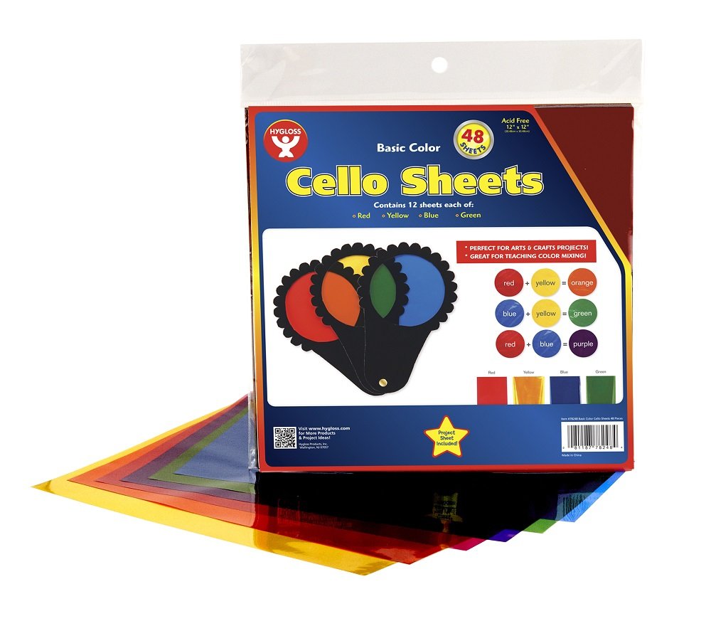 Hygloss Products Cello Sheets - Great for Arts, Crafts, DIY Projects, Classroom Activities, Gift Wrapping and More - 12 x 12 Inches - 4 Colors, 12 of Each - 48 Pack