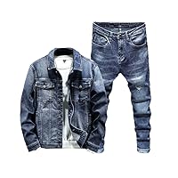 Men Denim Jacket Jeans Two Piece Set, Autumn Slim Fit Matching Sets, Casual Streetwear Cowboy Outfits