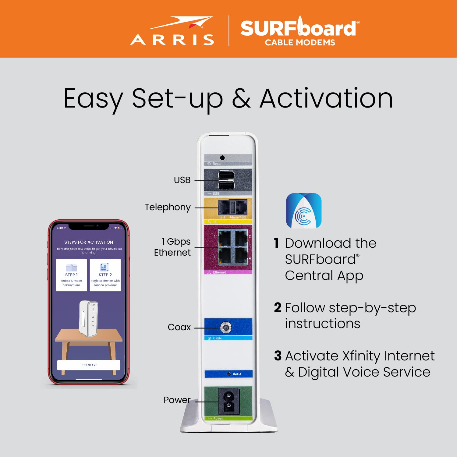 ARRIS SURFboard SVG2482AC DOCSIS 3.0 Cable Modem & AC2350 Wi-Fi Router | Comcast Xfinity Internet & Voice | Four 1 Gbps Ports | 2 Telephony Ports for Digital Voice | Up to 800 Mbps | 2 Year Warranty