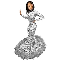 Glittering Sequined High Neck Long Sleeves Feather Mermaid Prom Dress Evening Party Gown