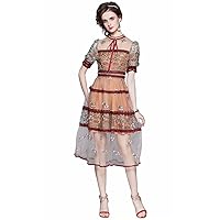 XINUO Women's Summer Short Sleeve Dresses Dress Luxury Formal Lace Jacquard Organza Embroidered Slim Midi Dresses (Brown & Dark Red, US 12,Asian Size XXL)