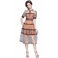 Women's Summer Short Sleeve Dresses Dress Luxury Formal Lace Jacquard Organza Embroidered Slim Midi Dresses (Brown & Dark Red, US 12,Asian Size XXL)