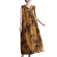 Women's Summer Casual Loose Cotton Linen Dresses Sleeveless Boho Floral Sundress Long Tank Dress Flowy Maxi Dress