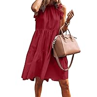 Summer Dresses for Women 2024 Casual, Boho Solid Color Dress Halter Sleeveless Beach Ruffles Mini Babydoll Dress Sun Womens Dresses Midi Length Short Dresses Casual Maxi (5XL, Red)