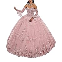 Women's Tulle Long Sleeve Quinceanera Dresses Sweetheart Neck Lace Appliques Beaded Ball Gown