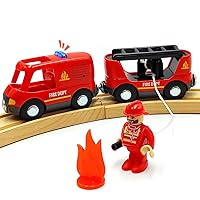 Magnetic Trains Cars Set Wooden Train Track Accessories Fire Truck Train Set for Toddlers 3-5 Wooden Train Sets for Boys Ages 3-4-7 (Fire Truck B (with Light and Sound))