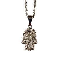 Iced Hamsa Hand (L) Men Women 14k White Gold Finish Pendant Stainless Steel Real 3 mm Rope Chain Necklace, Mens Jewelry, Iced Pendant, Rope Necklace