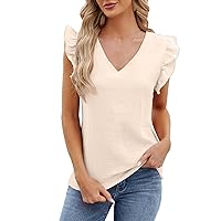 Short Sleeve Basic Tops for Women Flounce Casual 2024 Workout Shirt V-Neck Trendy Ruffle Sleeve Solid Shirts Gym Tops