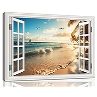 Beach Pictures Wall Art Decor for Living Room Ocean Wall Art Painting Fake Window Frame Style Sea Birds Canvas Print Blue Coastal Artwork for Bedroom Home Office Kitchen Decoration, Ready to Hang