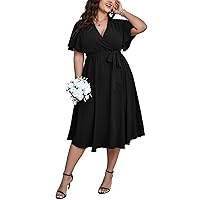 Women Plus Size Black Dresses Summer Wrap V Neck Short Sleeve Ruffle A-Line Flowy Wedding Guest Maxi Dress XL