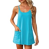 Womens Casual Athletic Summer Dresses Spaghetti Straps Scoop Neck Sleeveless Hot Shot Mini Dress with Oversized Pockets
