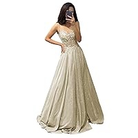 Glitter Satin Prom Dresses for Women Long Lace Applique Spaghetti Straps Formal Evening Party Gowns