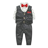 ACSUSS Baby Boy Suit Outfits Set 4pcs Infant Tuxedo Long Sleeve Gentleman Wedding Romper with Pants Bow Tie and Vest