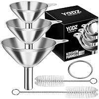 Kitchen Funnels for Filling Bottles, YGDZ 3pcs Small/Medium/Large Food Grade Stainless Steel Metal Kitchen Funnels Set for Essential Oil Spices Liquid, 2pcs Cleaning Brushes