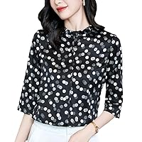 Summer Women's Real Silk Satin Blouse - Vintage Dot Printed Shirt with Loose Tops
