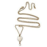 Vintage Inspired Small Cream Enamel Heart Pendant With Long Bronze Tone Chain - 68cm Length/ 8cm Extension