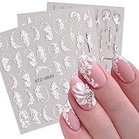 5D Embossed Flowers Nail Stickers - 4 Sheets Engraved Flower Nail Decals Spring Summer Nail Art Supplies French Tip Nail Designs Transfer Foils White Floral Nail Stickers for Acrylic Nails Decorations