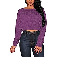 Pink Queen Women's Crop Sweater Crew Neck Long Sleeve Loose Knitted Pullover Jumper Purple M