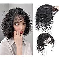 Clip in Curly Human Hair Topper with Curly Fringe Bang Topper Wiglet Hairpieces for Women with Thinning Hair, 12