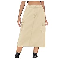 Womens Y2K Cargo Skirt Elegant A-Line Length Skirts with Flap Pockets Denim Skirt Midi Cargo Jean Skirts Streetwear