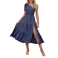 Women's Summer Dresses 2024 Solid Color High Waisted Knotted Smocked Flowing A-Line Layered Midi Slit Flowing Dress
