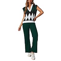 Pink Queen Women's 2 Piece Outfit Sweater Set Cap Sleeve Geometric Knit Top and Wide Leg Long Pants Sweatsuit
