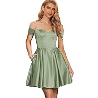 Off The Shoulder Homecoming Dresses for Teens Short Cocktail Dress with Pockets Satin Prom Gown