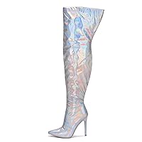 Cape Robbin Bemilia Metallic Boots Women - Thigh High Boots for Women - Women's Over-the-Knee Boots with Zippered Pointed Toe - Stiletto Thigh High Heels Long Fashion Boots